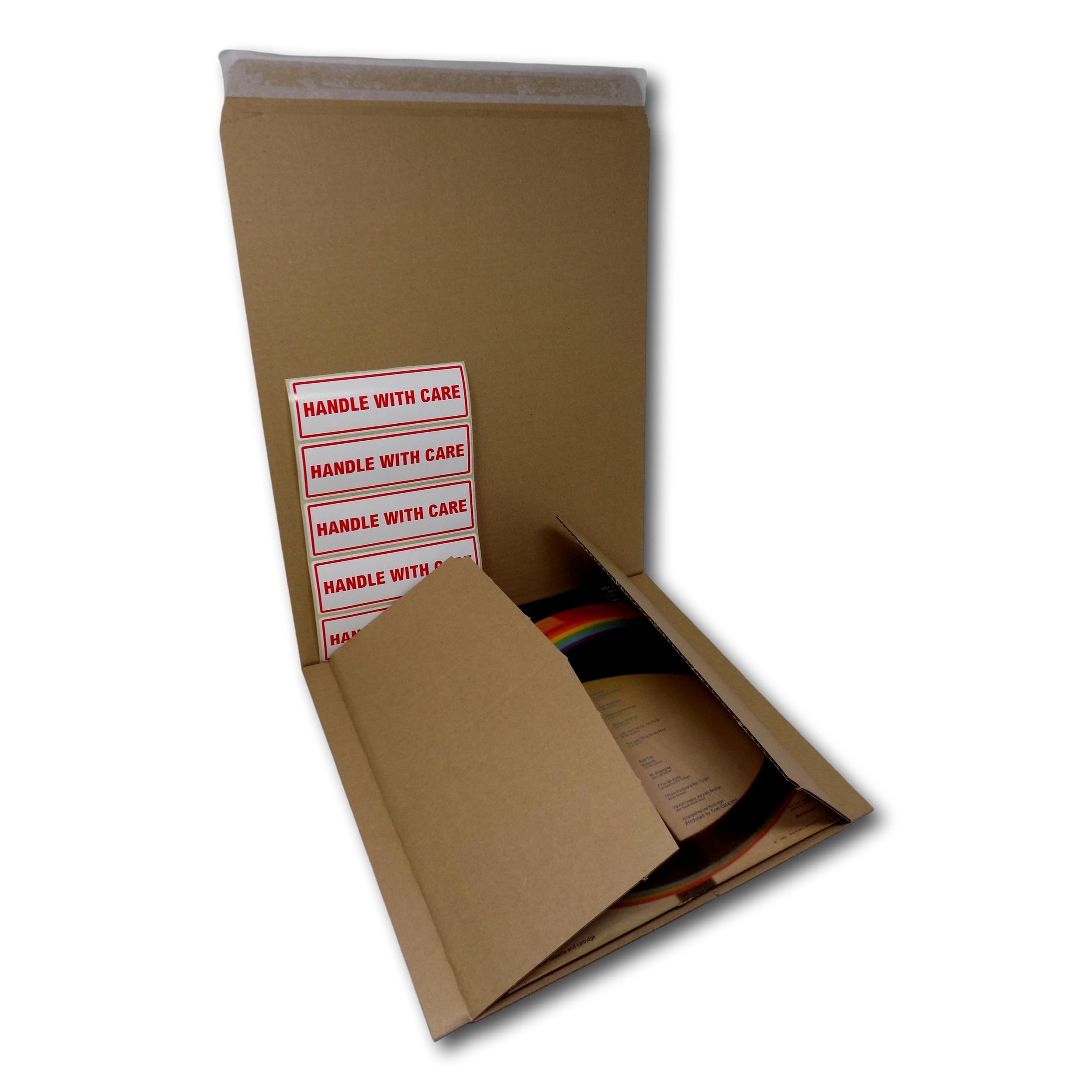 EPOSGEAR 12" Record LP Strong Peel and Seal Corrugated Board Card Manilla Brown Envelopes Mailers 370mm x 340mm with Free Handle with Care Labels (5)
