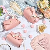 CALFOVERA 12 Sets Pink PU Leather Party Favor Boxes Mini Leather Gift Wrapping Handbags Reusable Chocolate Candy Bags Elegant Treat Purses with Ribbons for Birthday Wedding Halloween Christmas
