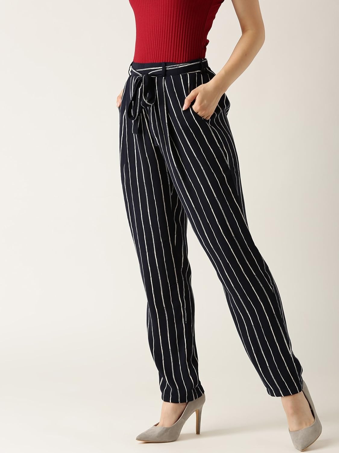 marie claire women navy & white original fit striped peg trousers (mc688)