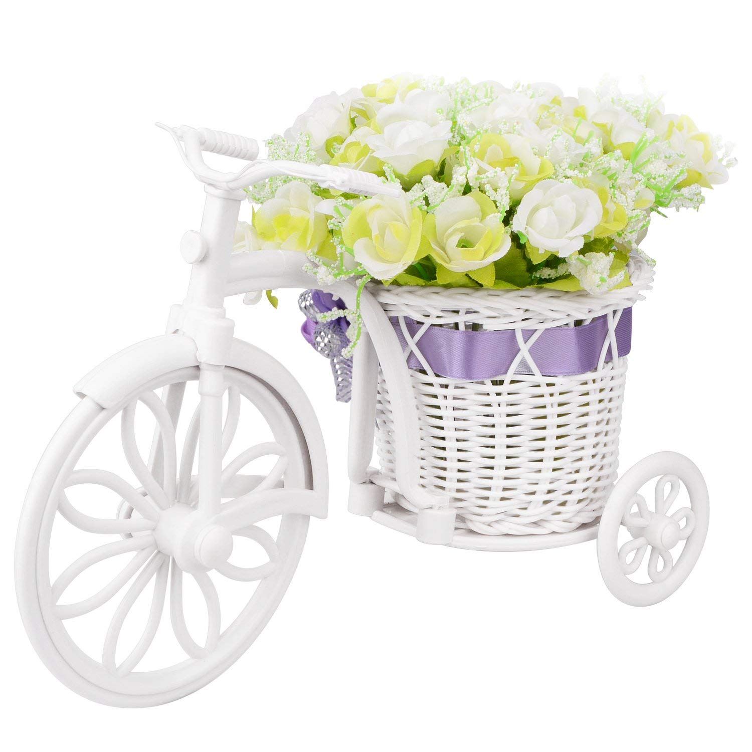 Takefuns Small Artificial Flowers Garden Nostalgic Bicycle Artificial Flower Decor Plant Stand Mini Garden for Home Wedding Decoration (Green White)