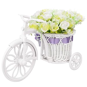 Takefuns Small Artificial Flowers Garden Nostalgic Bicycle Artificial Flower Decor Plant Stand Mini Garden for Home Wedding Decoration (Green White)