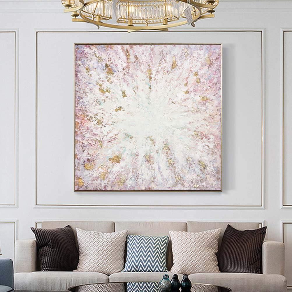 MOTINI Hand Painted Oil Painting Large Canvas Wall Art Gold Framed Classic Abstract Pink Beige and Gold Foil Artwork Unique Picture Wall Decor for Living Room Office