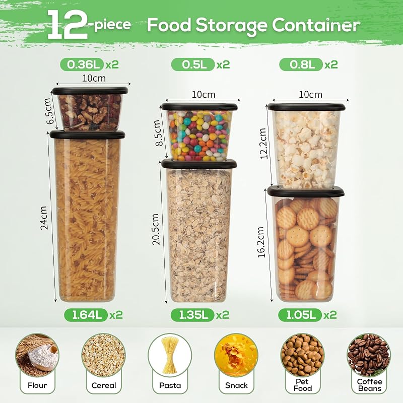 Set de recipientes herméticos para alimentos – 12 botes cocina (2x 0.36L-1.64L) und 16 etiquetas negras, ideal para almacenaje cocina, tarros cocina — foto 3 de 7