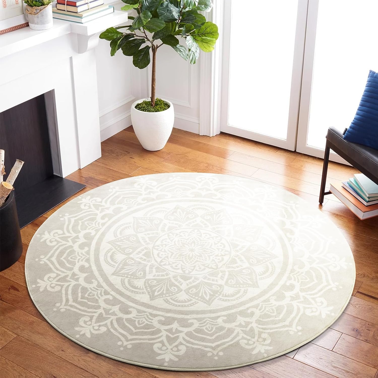 Carvapet Round Area Rug 90cm/3ft Soft Fluffy Circle Carpet Rug Short Pile Non Slip Washable Bohemian Mandala Floor Round Rugs for Living Room Bedroom(Grey)