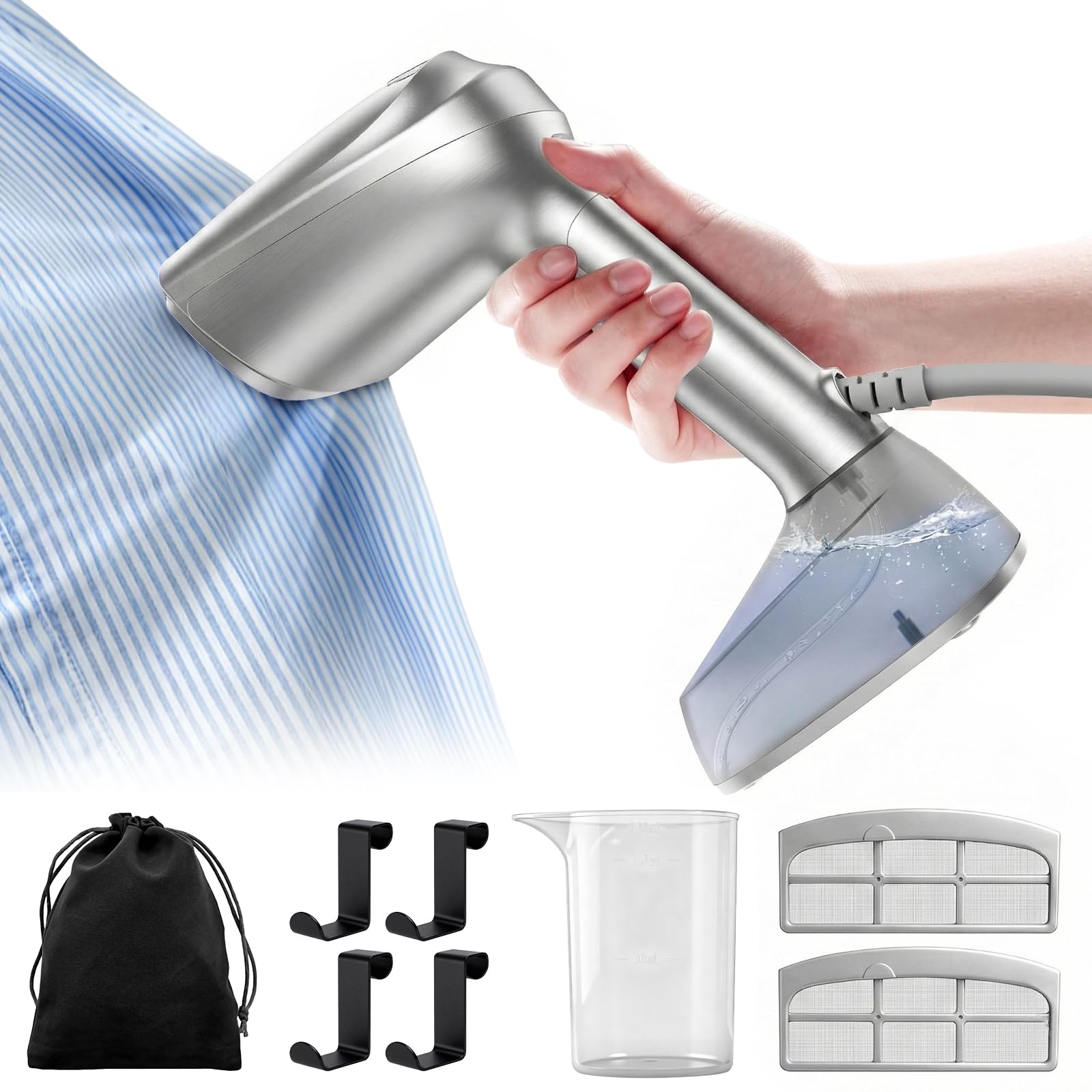 Vacuum Steamer for Clothes, 3500Pa Suction Handheld Clothes Steamer,Multiple mode adjustment，Portable Travel Steamers for Clothes, Steaming & Ironing 2 in 1，400ml Water Tank (for 110-120V)，Silver