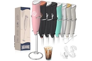 Heylotie Milk Frother With Stand Milk Frother Wand Coffee Frother Handheld Drink Mixer Handheld with 2 Whisks Electric Whisk Stirrers Electric Milk Frother for Coffee Mixer Wand Milk Foamer-Pink