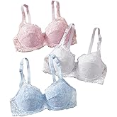 OYOANGLE Women's 3 Pack Floral Lace Underwire Bras Bow Lingerie Push Up Unlined Bralettes