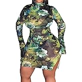 SOLY HUX Women's Plus Size Floral Print Mesh Split Hem Bodycon Dress Mock Neck Bell Long Sleeve Mini Dresses