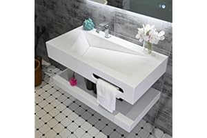 GESIPOR 36"x19" Wall Mount Bathroom Vanity with Sink Stone Resin Floating Vanity Sink Rectangular Vessel Sinks for Bathroom White Trough with Shelf Layer (Mirror Not Included)