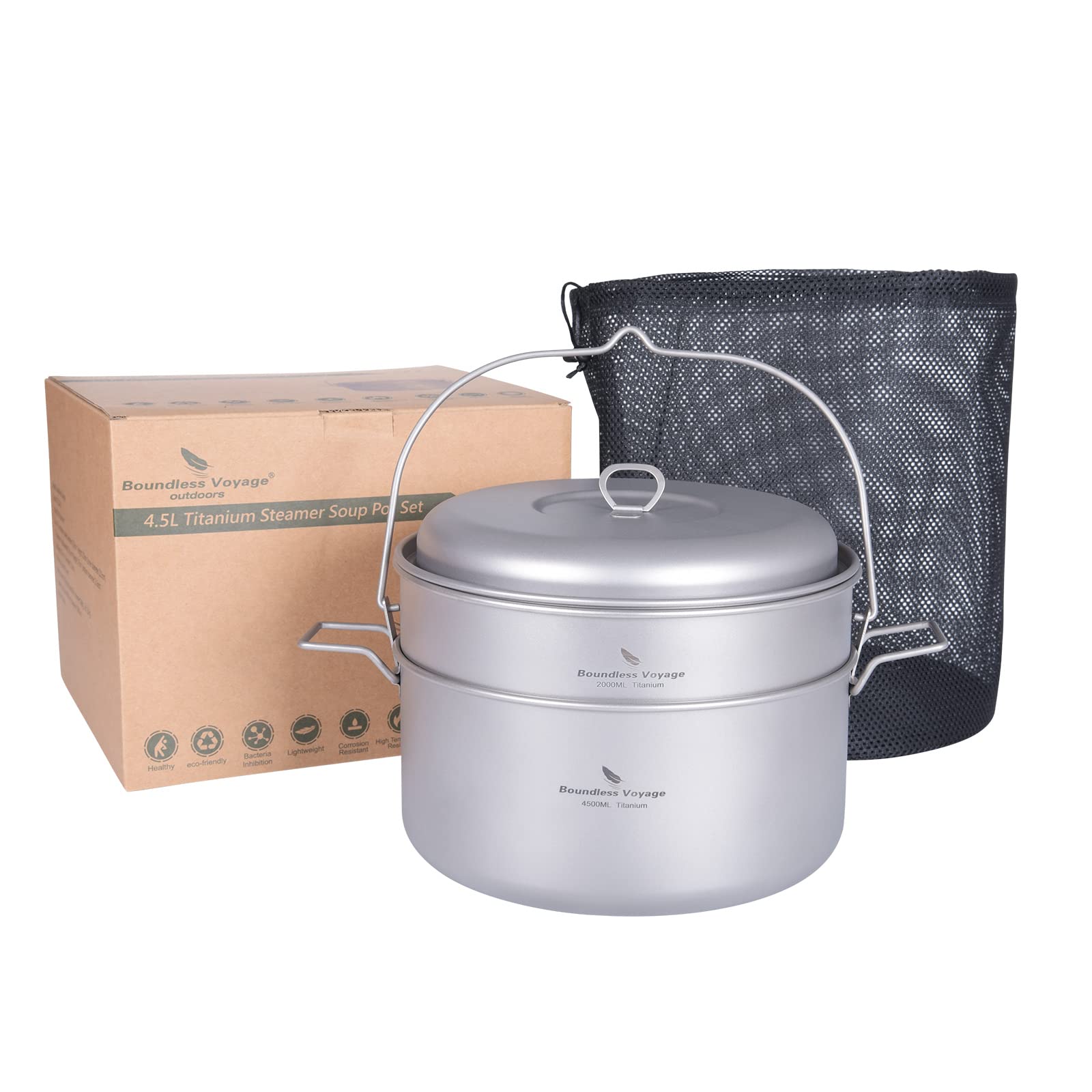 Photo 1 of Boundless Voyage Titanium 4.5L Hanging Pot with Steaming Rack Folding Handle Outdoor Camping Cooking Stockpot Steamer Set (Pot + Steamer Set)