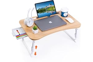 BYMECOST Laptop Desk for Bed, Height Adjustable Laptop Bed Table, Foldable Portable Lap Desk Stand with USB/Storage Drawer/Cup Holder/Slot, Breakfast Tray for Working Reading Writing Eating