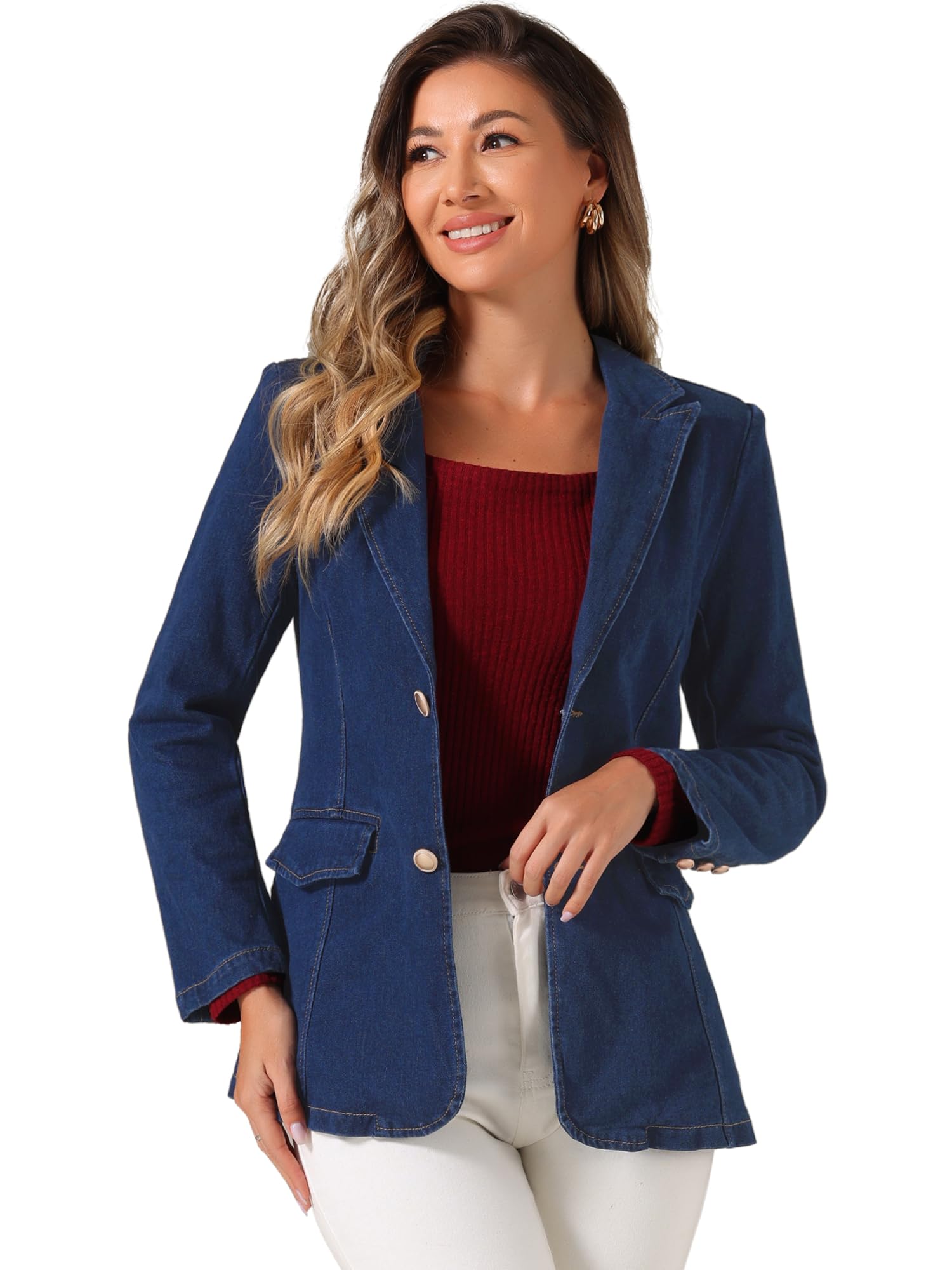 Photo 1 of Allegra K Notched Lapel Blazer for Women's Denim Single Breasted Shoulder Pad Business Casual Jackets X-Large Dark Blue