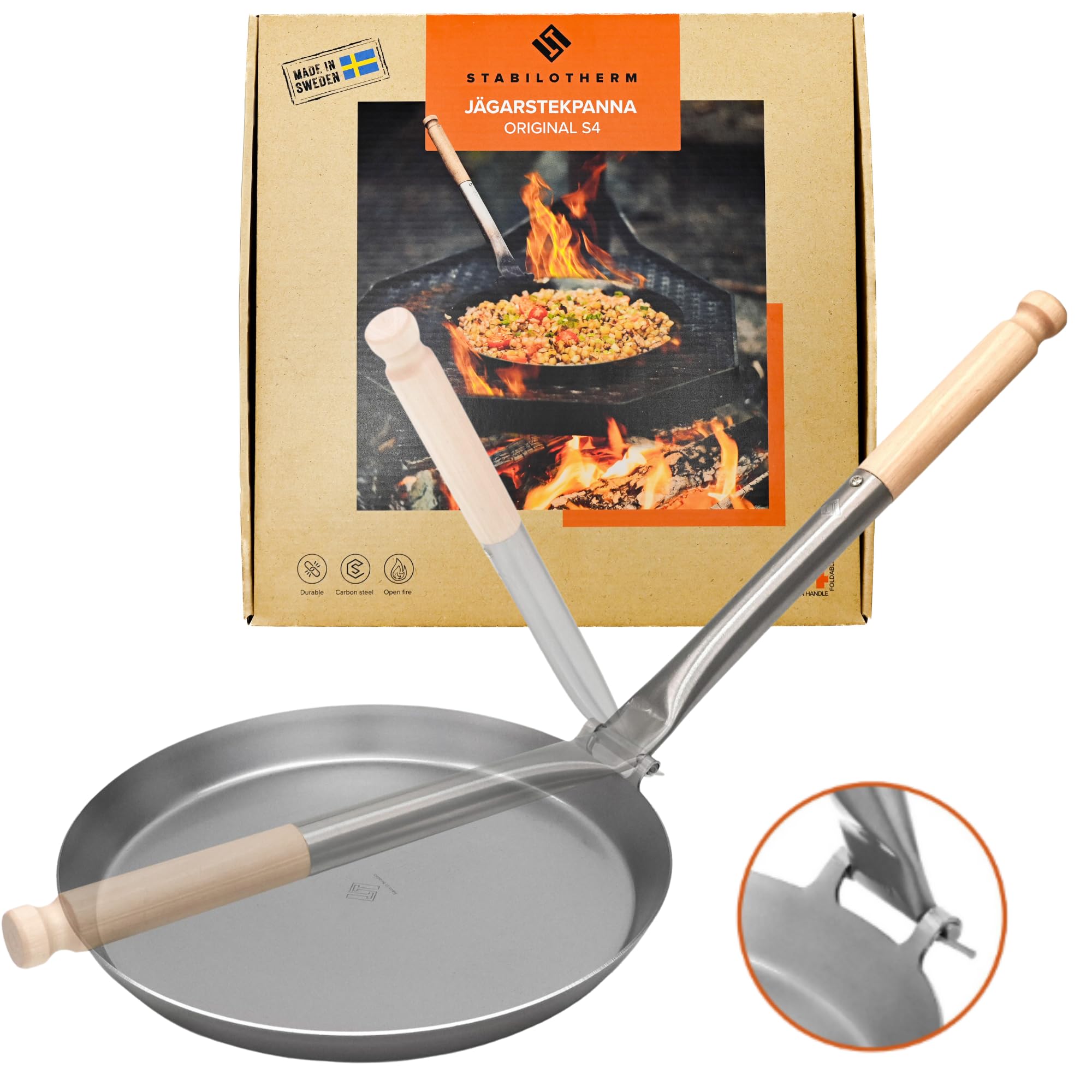Stabilotherm JÄGARSTEKPANNA Original XL Carbon Steel Frying Pan with Foldable Steel Pipe Handle, for Outdoor Indoor Cooking, Camping