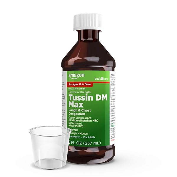 AMAZON BASIC CARE TUSSIN DM MAX, MAXIMUM STRENGTH COUGH AND CHEST CONGESTION MEDICINE, NON-DROWSY, ALCOHOL FREE, EXPECTORANT, RASPBERRY MENTHOL FLAVOR, 8 FL OZ (PACK OF 1)
