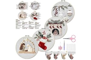 WKALXJ 4 Sets Christmas Embroidery Kits for Adults, Embroidery Kit for Beginners, Cross Stitch Kits for Beginners with Pattern, Needles, Threads, Tools (Holly+Fireplace+Stocking+Nativity Manger)