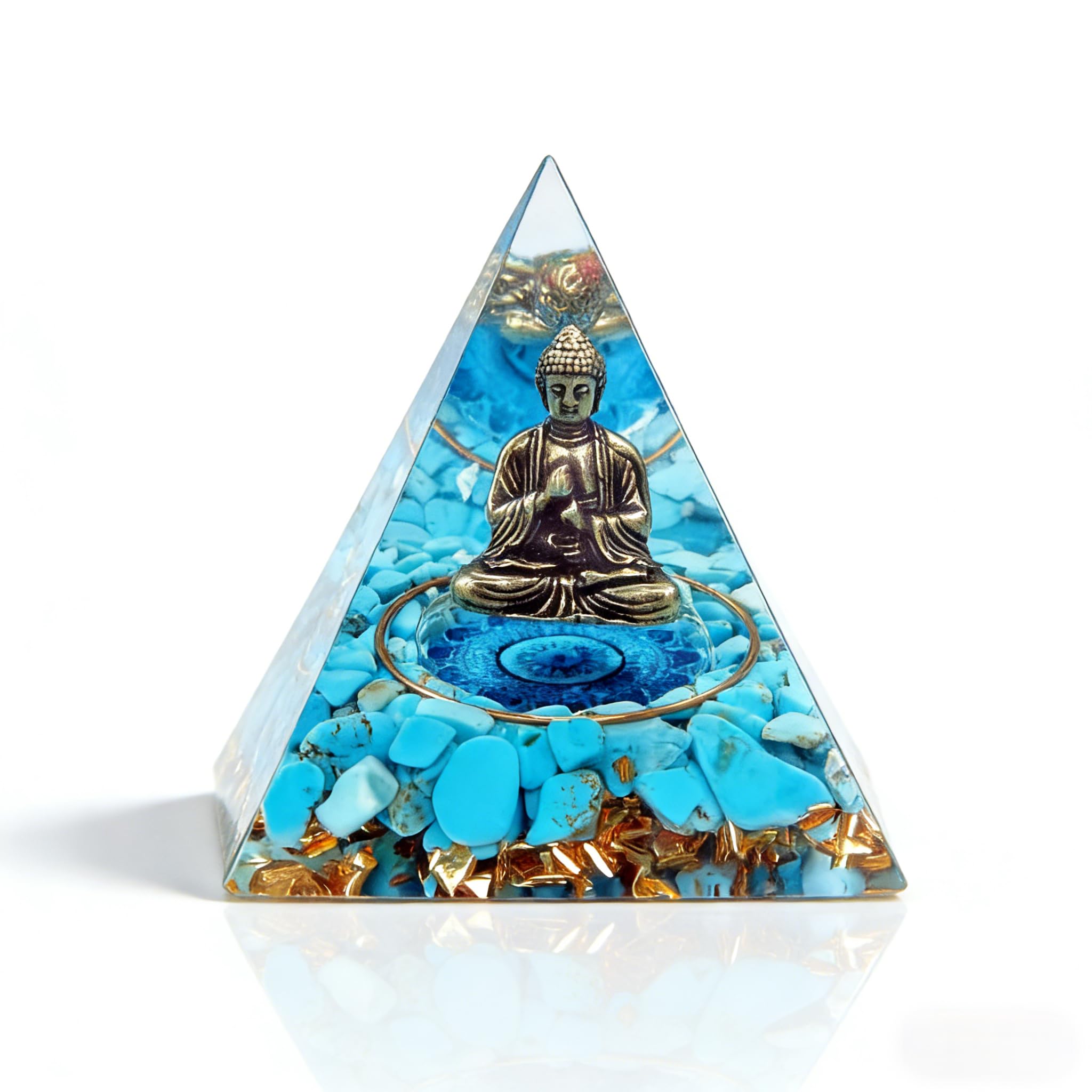 ycyingcheng Orgonite Pyramid Buddha Bronze Statue, 6CM Reiki Healing Crystal Energy Tower, Turquoise Chakra Positive Energy Meditation Tool, Feng Shui Living Room Home Decor Gift (2.36 Inch)