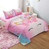 Keyroal 6Pcs Twin Comforter Set with Sheet,Unicorn Flower Bedding Set for Kids,Pink Rainbow Bed in a Bag Bedding for Girls-Smile Unicorn