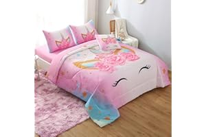Keyroal 6Pcs Twin Comforter Set with Sheet,Unicorn Flower Bedding Set for Kids,Pink Rainbow Bed in a Bag Bedding for Girls-Sm