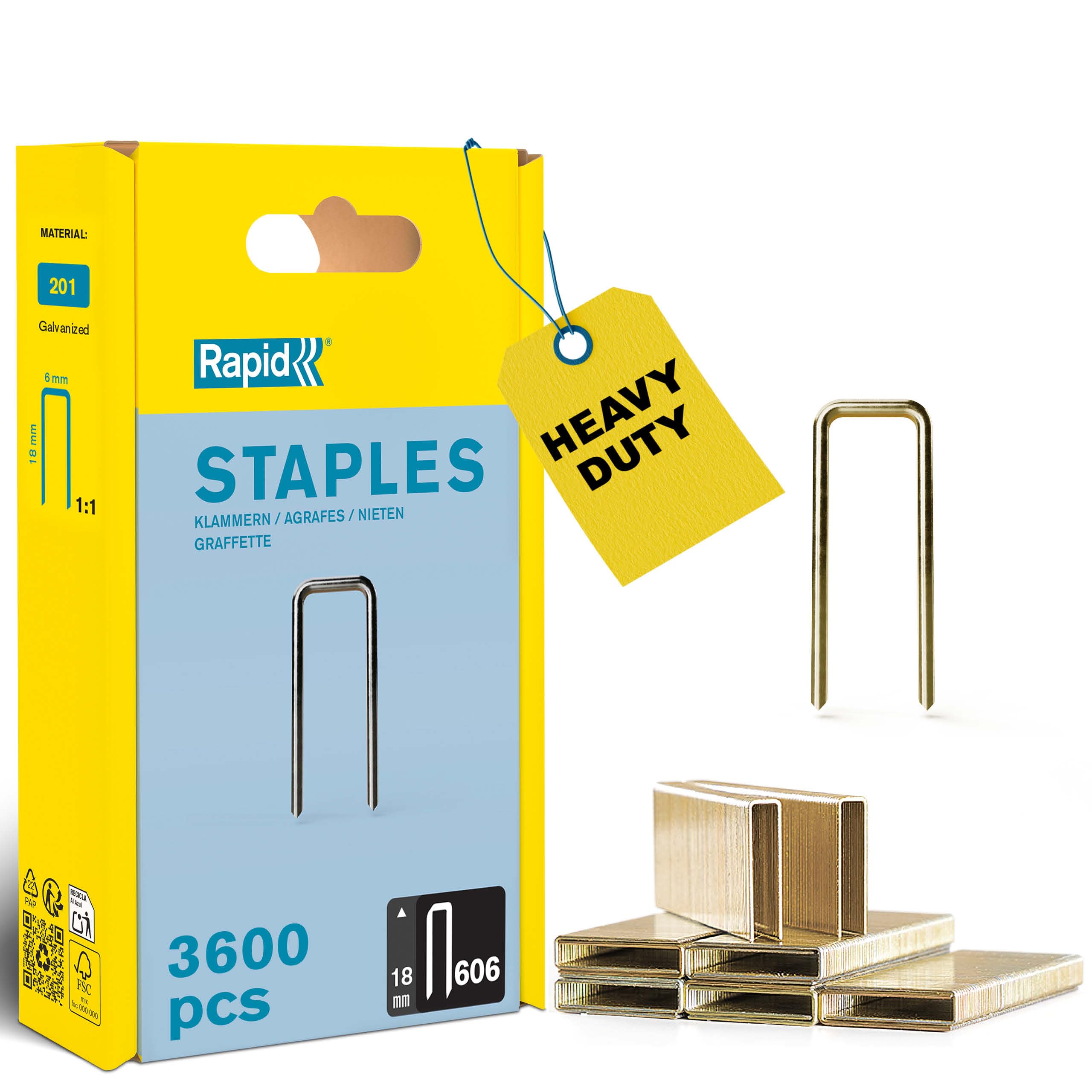 Rapid High-Performance Staples for Dense Materials, Narrow Crown No. 606, Leg Length 18mm, Staple Gun Staples, Resin-Coated Galvanised Steel, 3600 Pieces, Plastic Box (40303094)