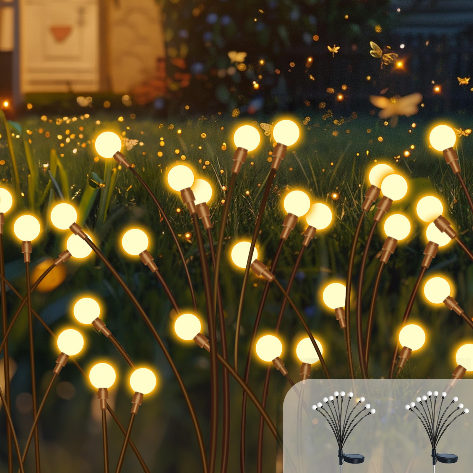 Caldarax 2 Pack Solar Firefly Lights Outdoor Garden, IP65 Waterproof, 10 LED Swaying Solar Garden Firefly Lights, Energy Saving Light Outdoor Decorative for Path Fence Yard Patio Pathway(Warm White)