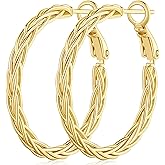Amoxos 14K Gold Hoop Earrings for Women Trendy Thick Twisted Hoops Earring Fine Weave Design 14K Gold Earrings for Womens Hypoallergenic Earrings Jewelry for Women 30MM