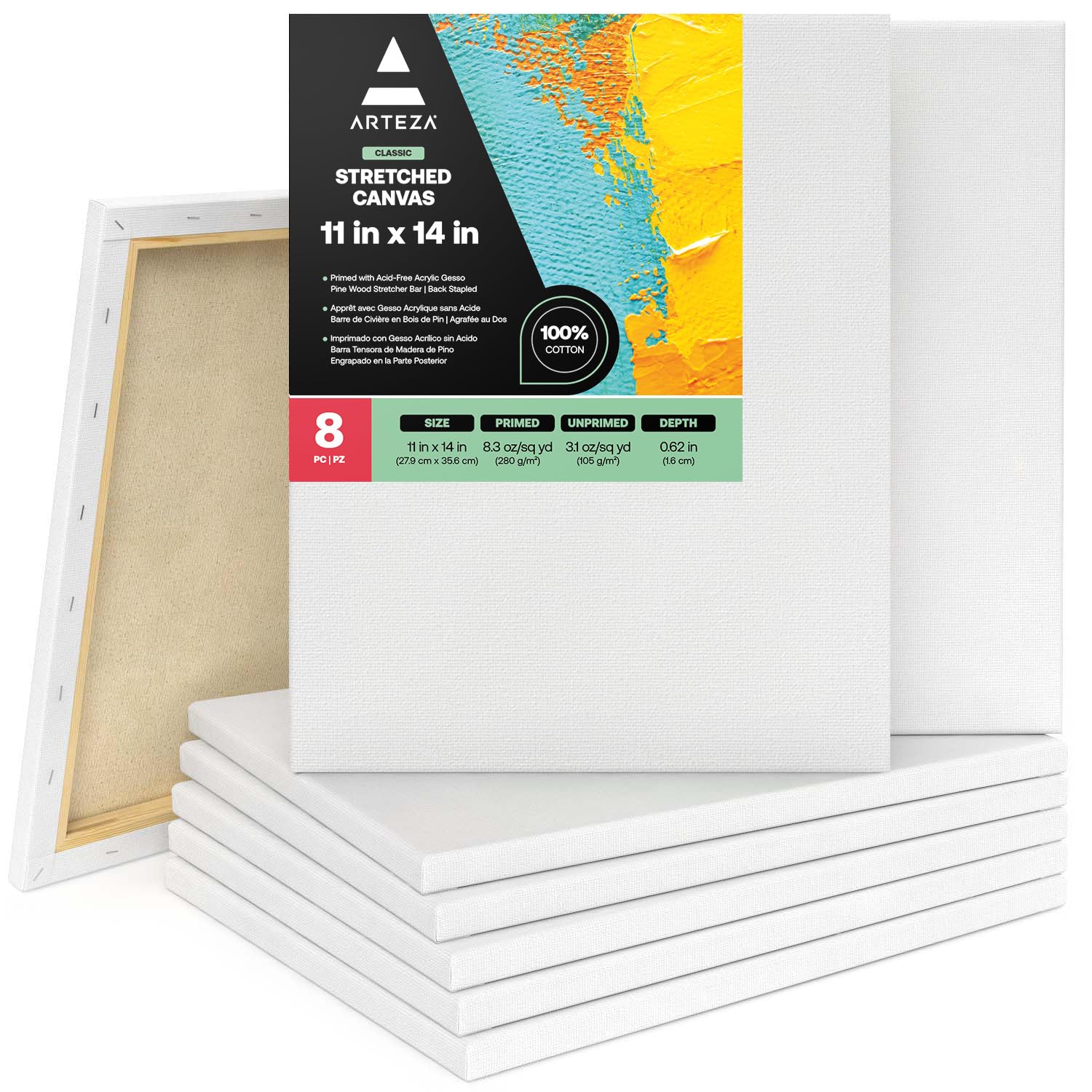 ARTEZA Stretched Art Canvas, Pack of 8, 27.9 x 35.6 cm, 8 oz Gesso Primed, White Blank 100% Cotton Canvases for Acrylic Painting and Pouring