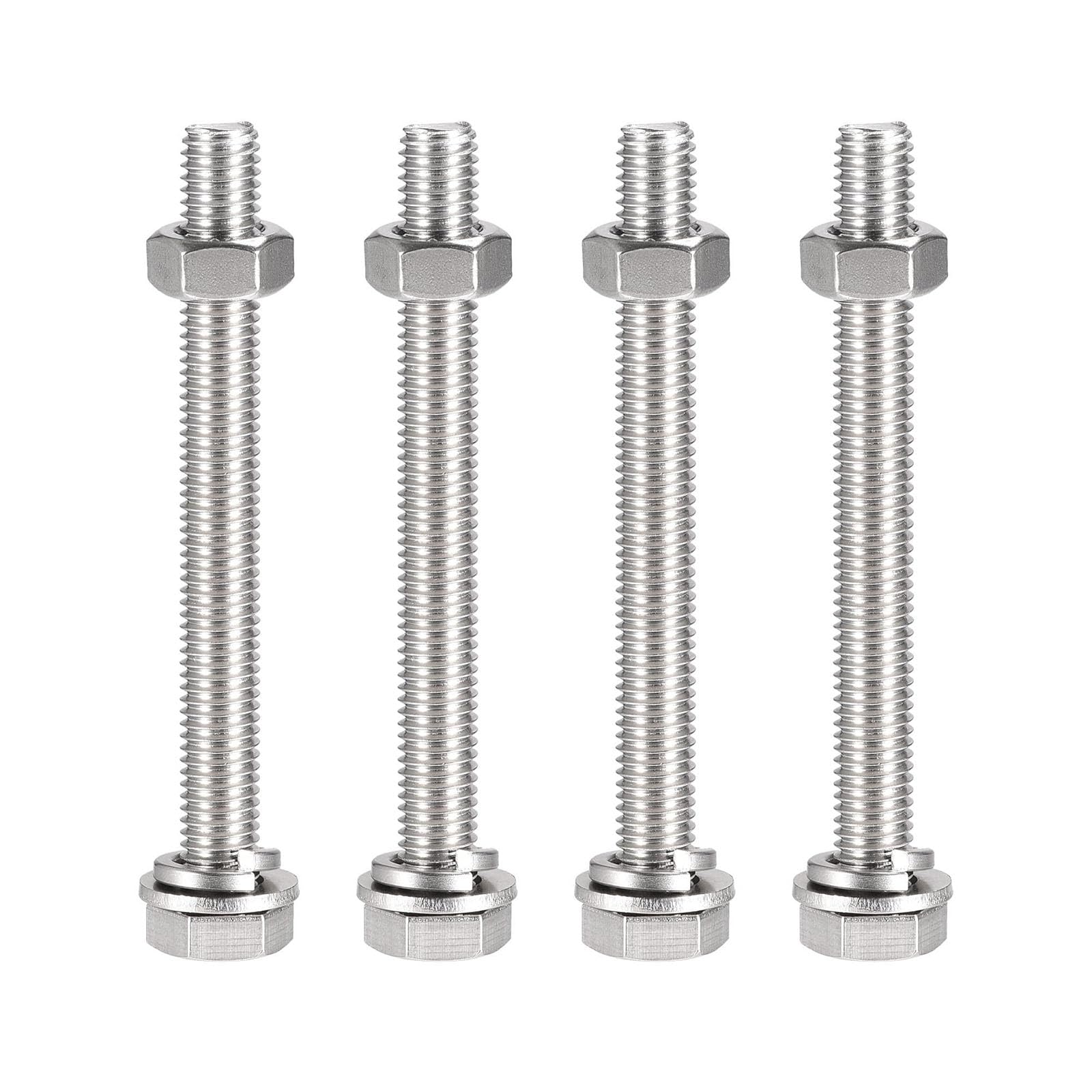 TOP-VIGOR 4Pcs M10 x 100mm Hex Head Screws Bolts, Nuts, Flat & Lock Washers Kits, 304 Stainless Steel Fully Thread Hexagon Bolts for DIY Bike Motorcycles Repair