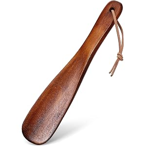 ValueBargain 1 Pcs Shoe Helper, 7.56 Inches Short Handle Wooden Shoe Horn for Men Women, Portable Shoes Helper with Leather L