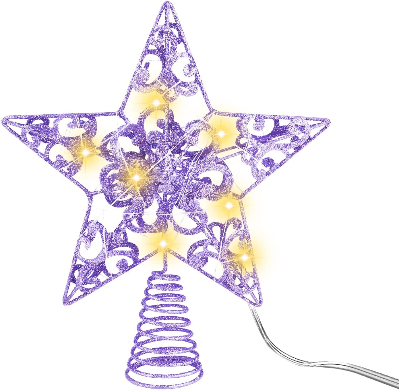 Tree Toppers - MCEAST Glittered Christmas Tree Topper with LED Lights 10 Inches Light Up Star Treetop for Indoor Outdoor Christmas Tree Decoration, Purple