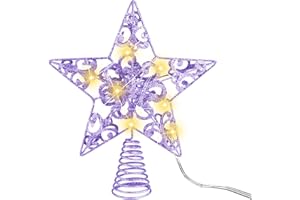 MCEAST Glittered Christmas Tree Topper with LED Lights 10 Inches Light Up Star Treetop for Indoor Outdoor Christmas Tree Decoration, Purple
