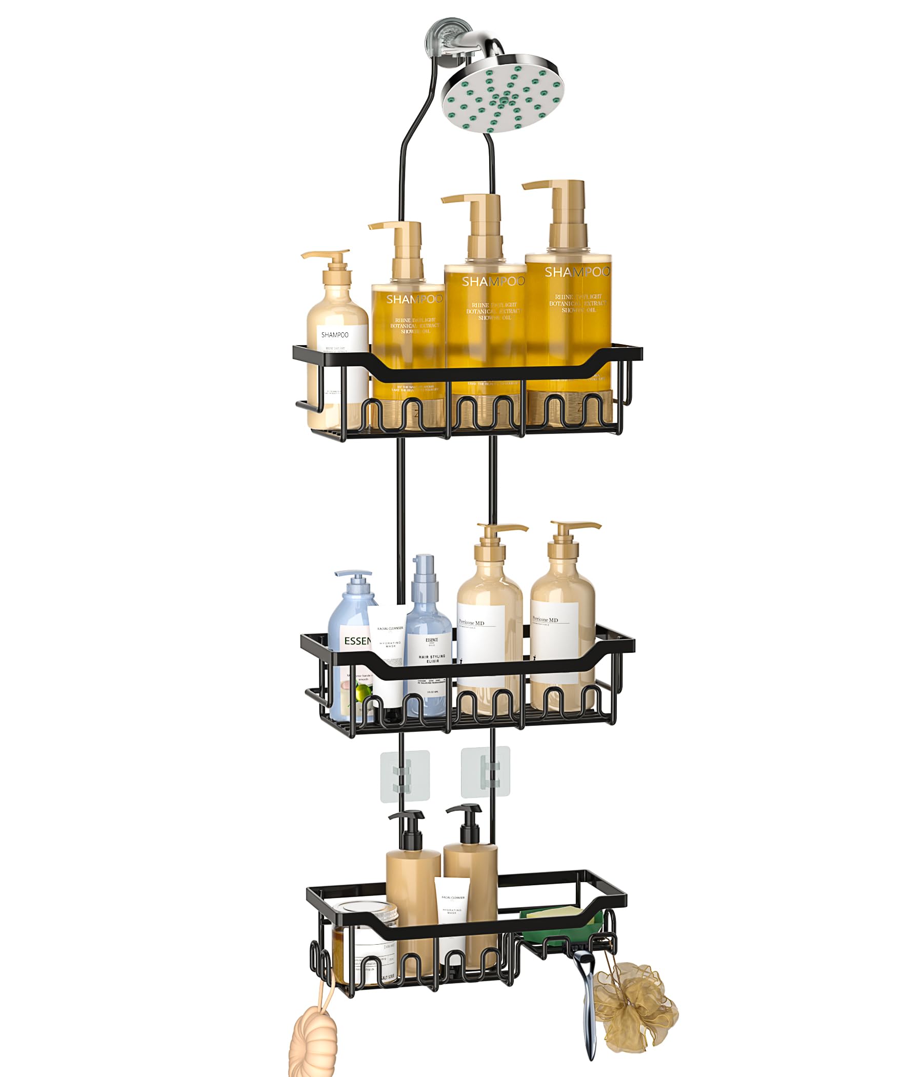 Joqixon Adjustable Shower Caddy Hanging, Extended Length Organizer Over Shower Head, 3 Tier Long Neck Shower Rack with Soap Holder for Large Storage, Black Image