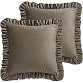 ISAENNE Classic Brown Square Throw Pillow Covers 18"x18" Set of 2, Solid Color Farmhouse Velvet Decoration Pillow Cover with Ruffles,Throw Pillow Case for Couch Sofa Bed Living Room Car