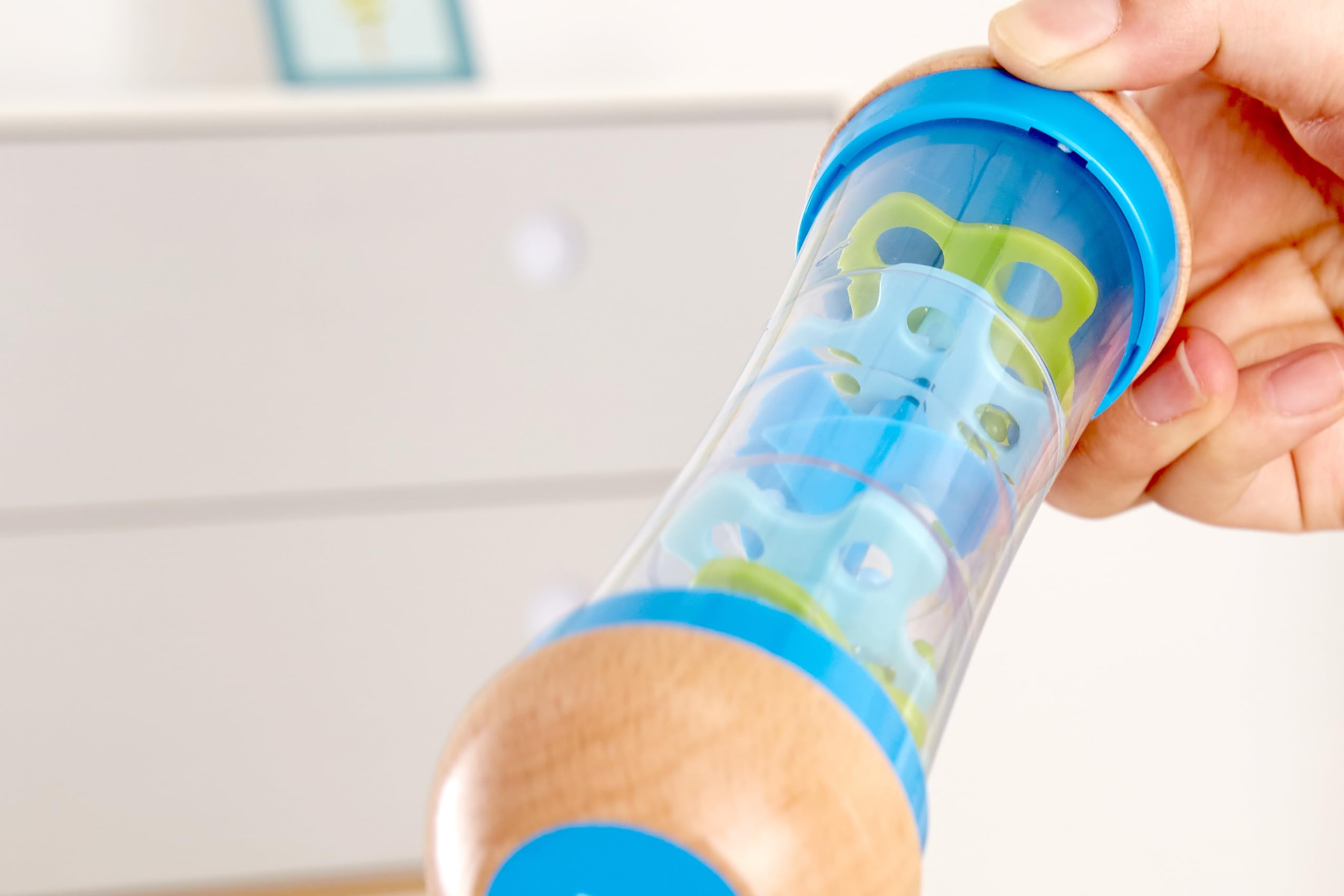 Hape Beaded Raindrops | Mini Wooden Musical Shake & Rattle Rainmaker Toy, Blue, Model Number: E0328B