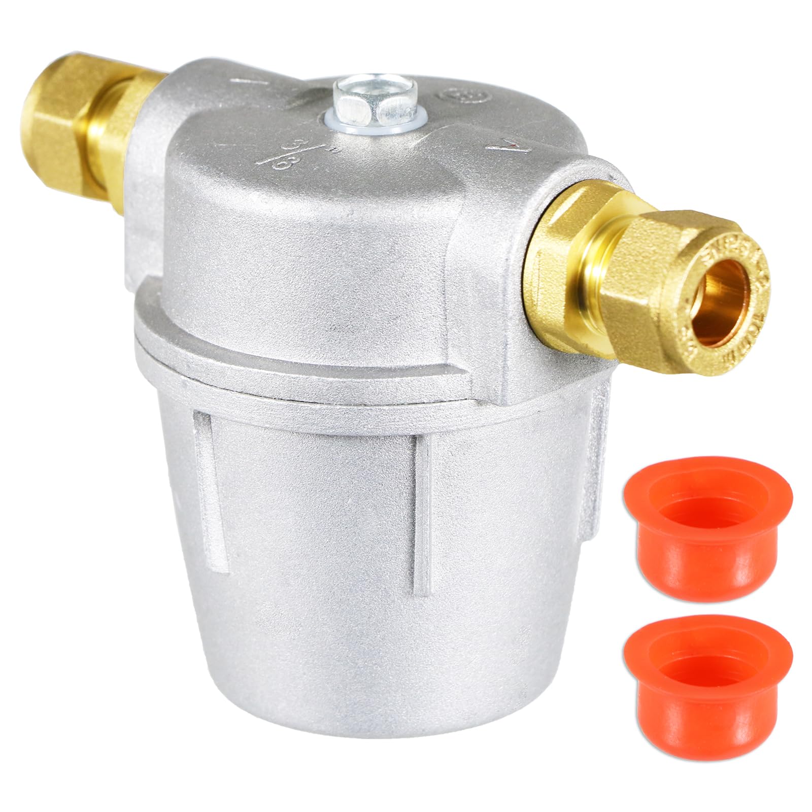 SPARES2GO Boiler Filter 3/8" Aluminium Inline Central Heating Oil Fired Fuel Strainer Bowl + 2 x 10mm Compression Connectors