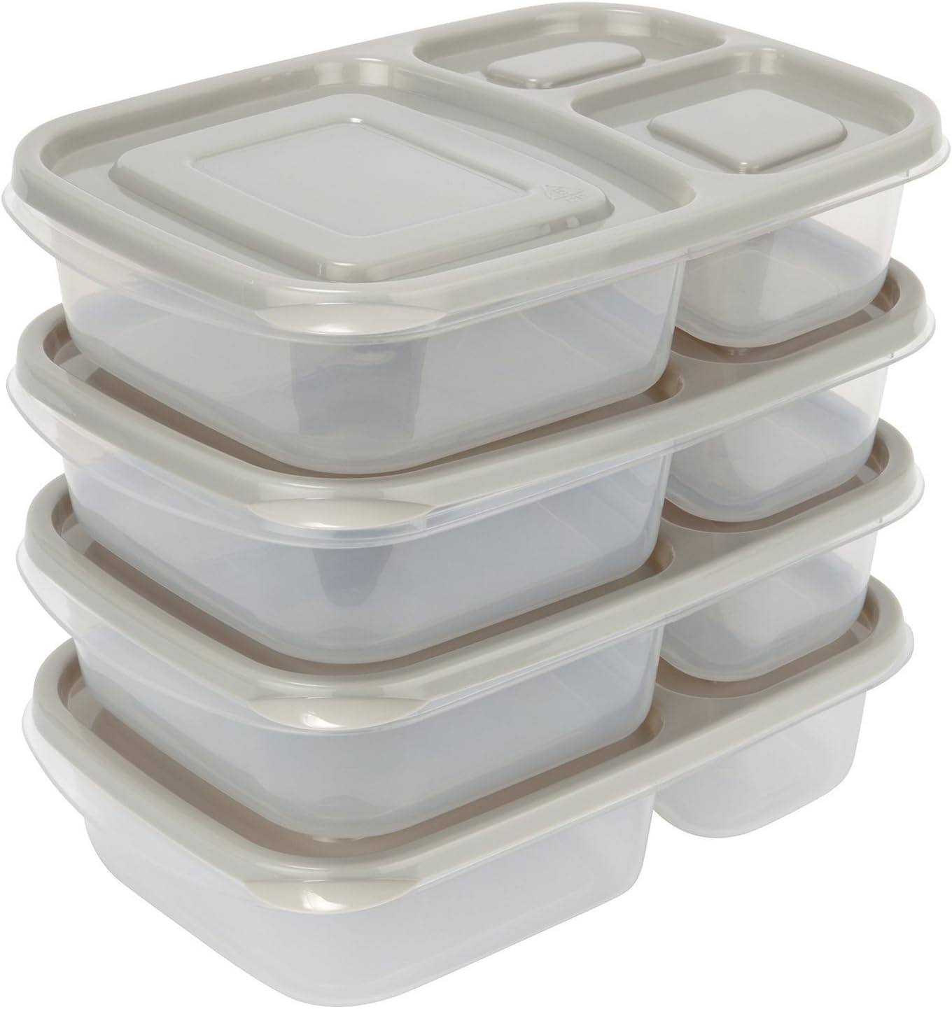 Sunsella Buddy Boxes - 3 Compartment Containers (4 Pack) Reusable Bento Lunch box & Divided Food Storage With Grey Lids (Not Leakproof)
