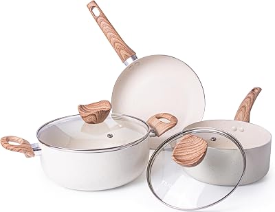 Nuovva Non Stick Pots and Pans Set 5pc Induction Granite with Lids