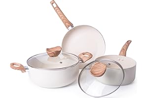 Non Stick Pots and Pans Set – Kitchen Cookware Sets with Lid – Induction Hob Pots Set – 5pc Non Stick Cooking Set – Cooking Cream Granite Pots and Frying Pan – Juego de Ollas Para Cocina – by Nuovva