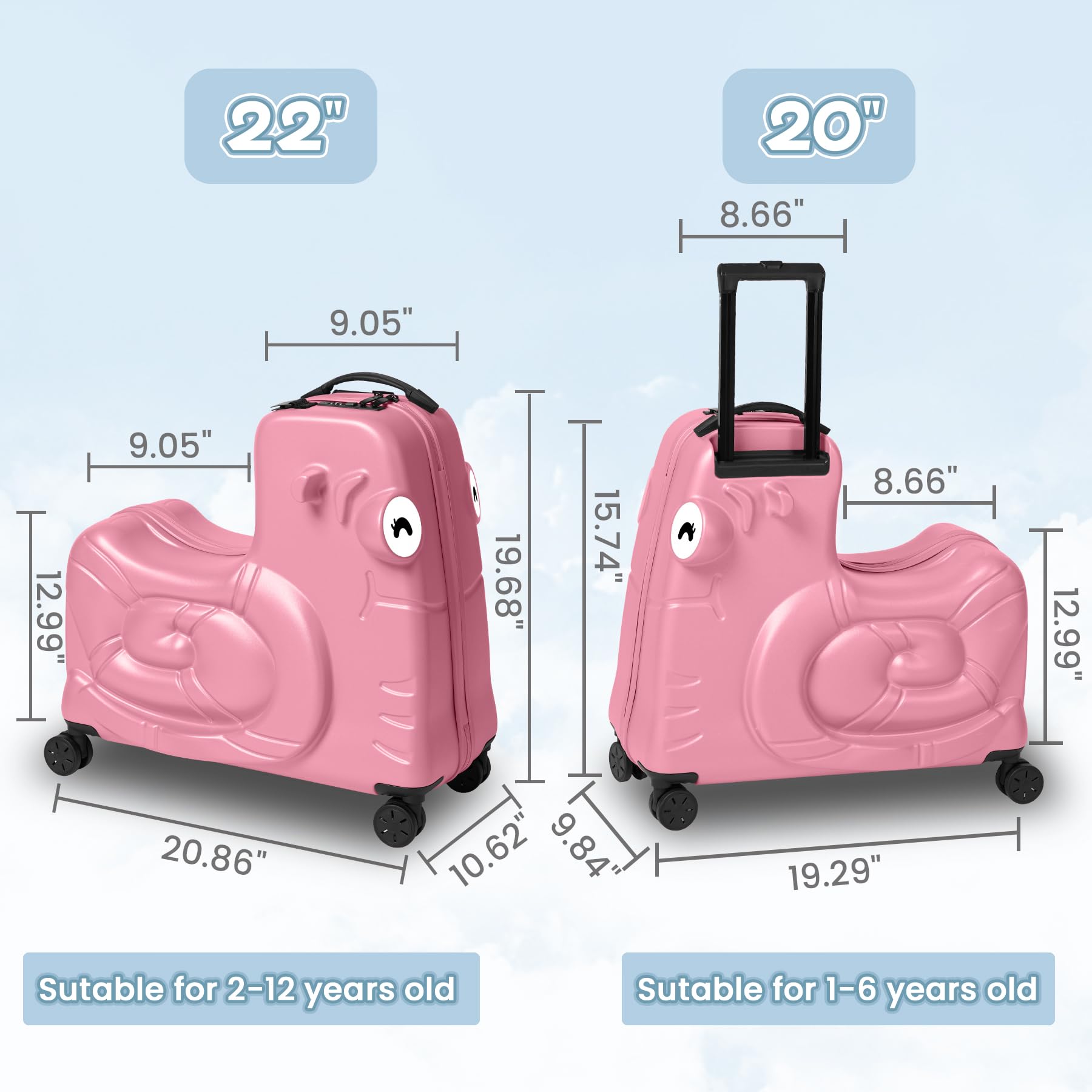SEA PUNK Kids Luggage, Kids Ride-on Luggage with Spinner Wheels Suitcase, Kid's Ride-On Suitcase Help Your Child Relax, Carry On Trolley Luggage with Password Lock, 22