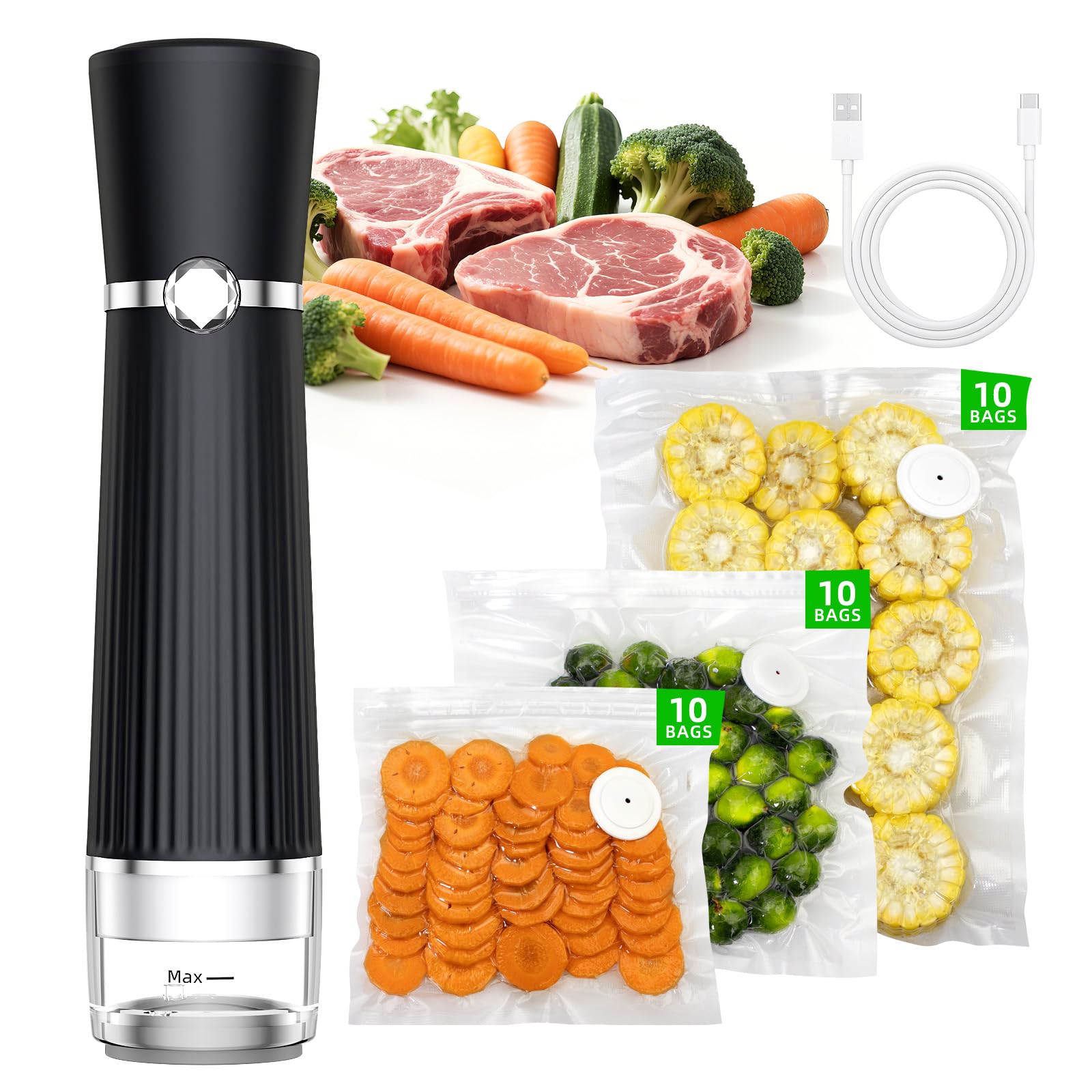Vacuum Sealer for Food, Handheld Saver Compact Vacuum Sealer Machine with 30 Reusable Bags for 10X Preservation & Fresh Image