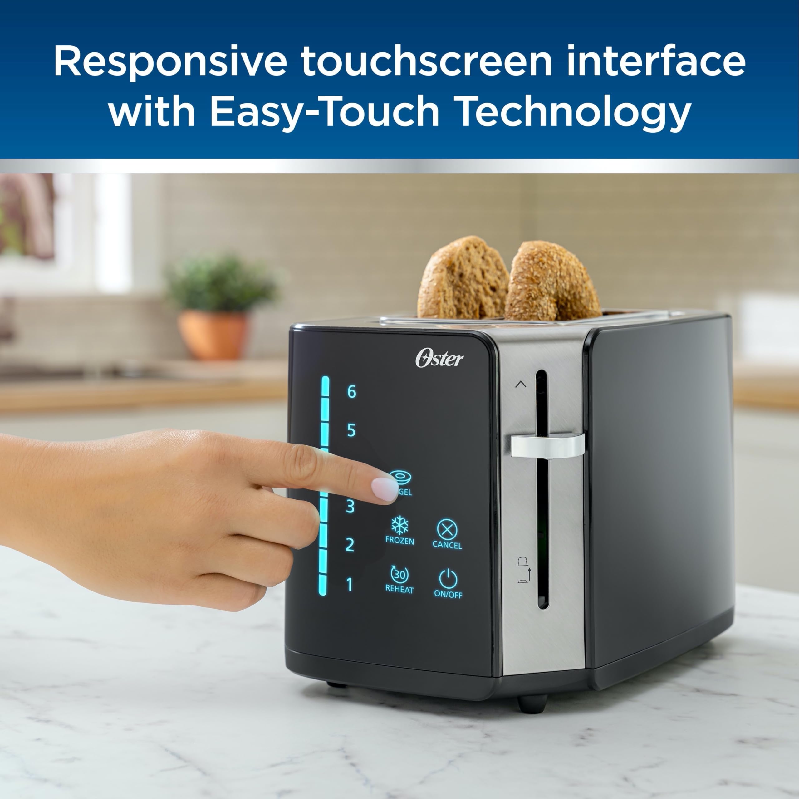 Oster Tostadora con pantalla táctil de 2 rebanadas, temporizador de cuenta regresiva digital, 6 configuraciones de sombra, tecnología Easy Touch, modos Bagel/Recalentar/congelado, acero inoxidable