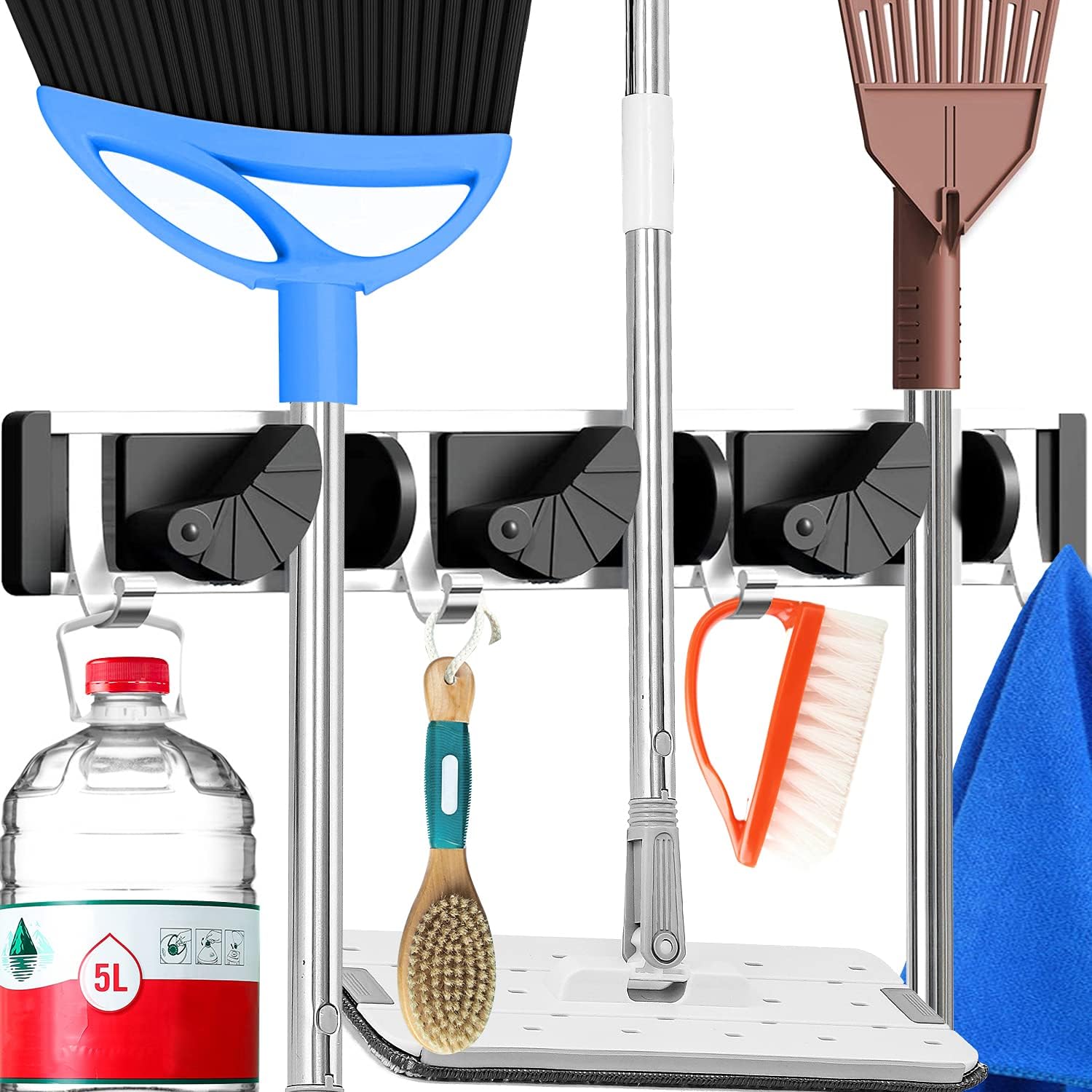 Rofesi Mop Broom Holder Wall Mount, Garage Storage Rack Garden Tool Organizer and Storage Wall Hanger, 3 Positions with 4 Hooks - - 