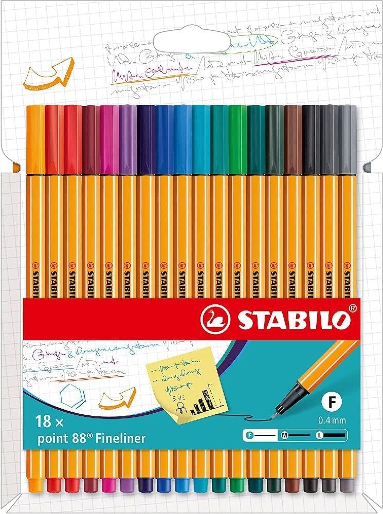 STABILO point 88 Fineliner Pack 18 Assorted Colours 0.4mm Metal Cased