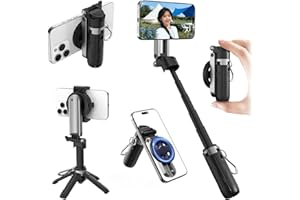 Flymile Magnetic Selfie Stick Mini Tripod for iPhone, Portable Pocket 4-in-1 Multifunctional 360° Rotation Phone Handle Grip Stand with Detachable Remote/Clip/Metal Ring for MagSafe/Android【4 Legs】