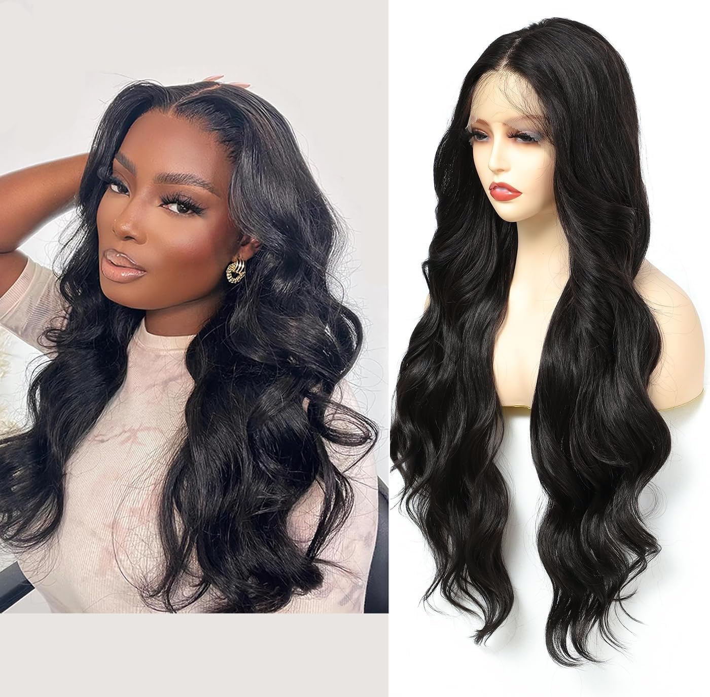 X-Tress 28" Natural Black Lace Front wigs outre glueless Wig Pretty body wave Synthetic baby Hair Real Natural Looking HD Lace Front Pre Plucked Soft Hair For Black Women(Natural Color)