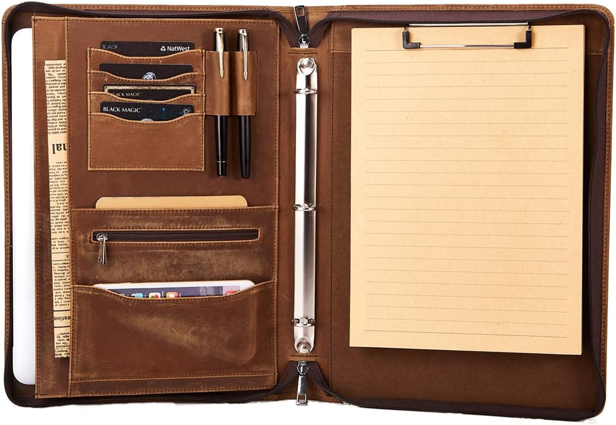 Custom Engraved Handmade Genuine Vintage Leather 3 Ring Binder Portfolio Folder with Zipper,Business Portfolio Organizer Binder with Clipboard for Letter Size Notebook,Personalized Monogrammed, Brown