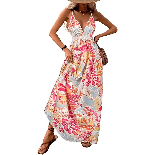 Women's Boho Floral Maxi Dress Summer Strappy Flowy Long Dress Front Split  Beach Dress Elastic Waist (White, M) at Amazon Women's Clothing store