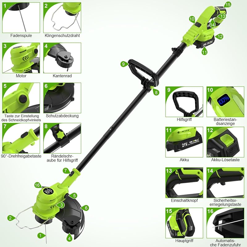 Akku Rasentrimmer 21V, 2-in-1 Rasentrimmer & Kantenschneider, LCD Akkuanzeige, 2×2000mAh Akku, Automatische Fadennachführung, 8 Fadenspulen, für Rasen, Rasenkanten & Gartenwege
