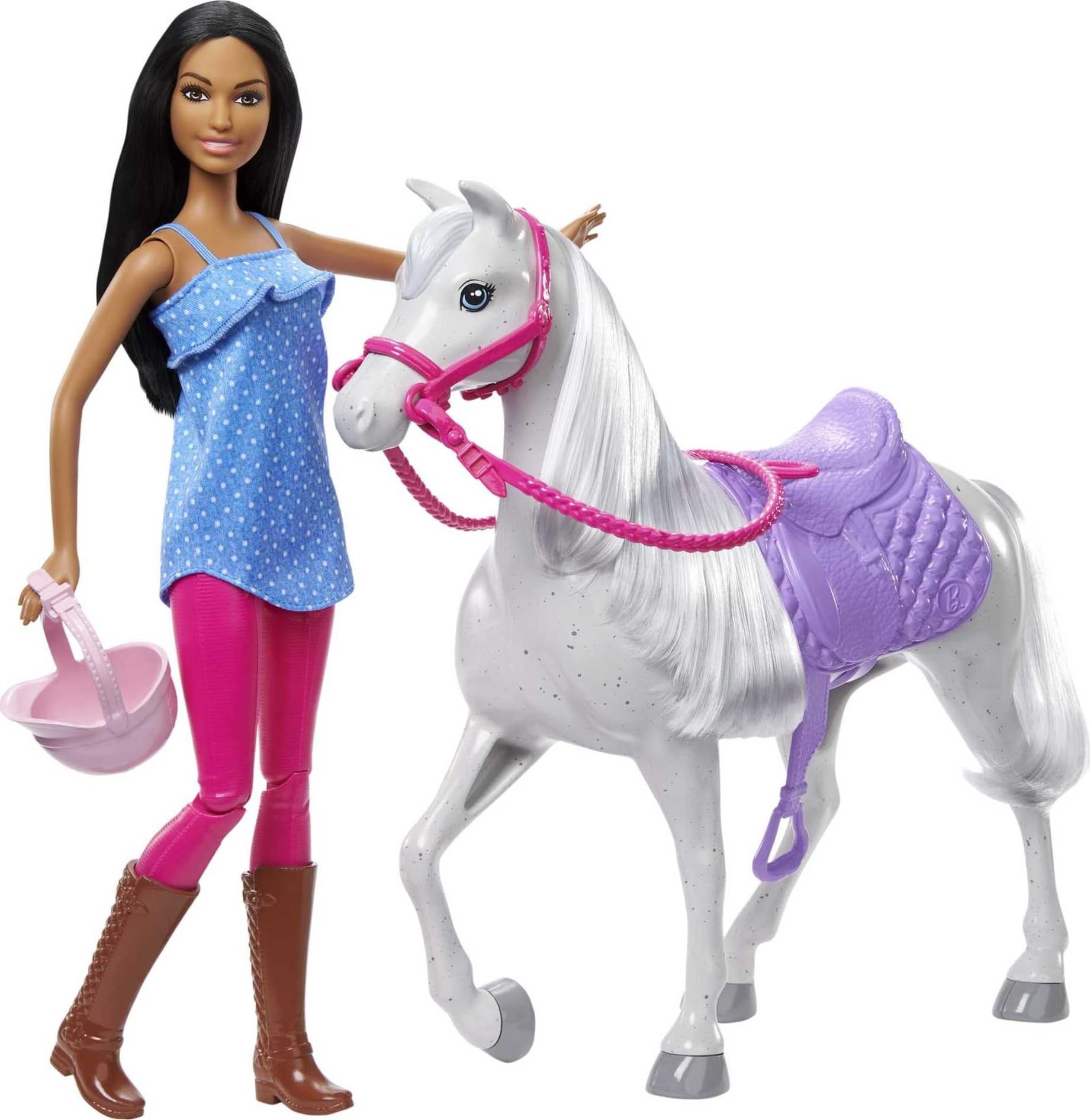 Barbie Doll and Horse Playset with Barbie Doll (11.5 in Brunette), and Horse with Saddle, Bridle, Reins and Riding Helmet, Gift for 3 to 7 Year Olds, HCJ53