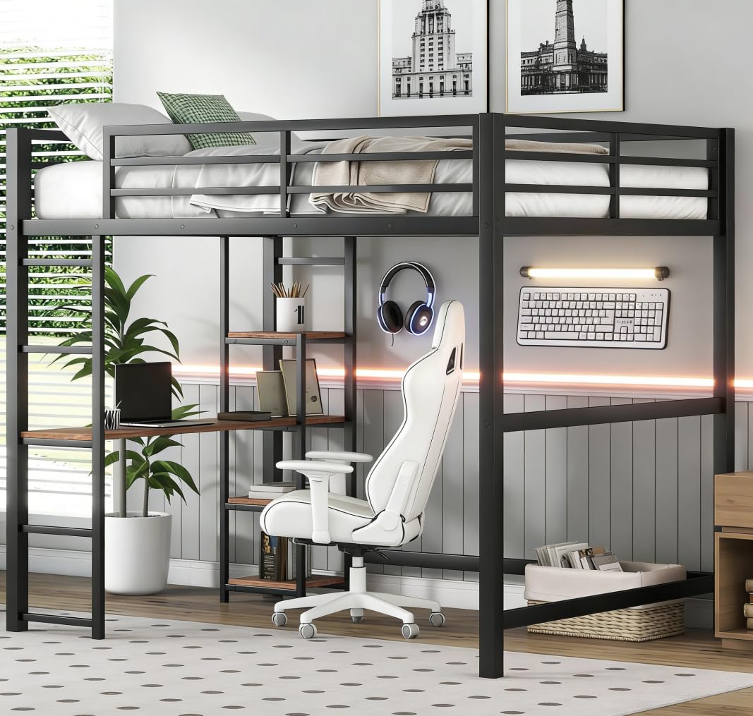 Photo 1 of ** incomplete set, missing 1 box ** Bellemave Full Size Loft Bed with Desk and Storage Shelf and Ladder, Metal Full Size Loft BedFrame,Black