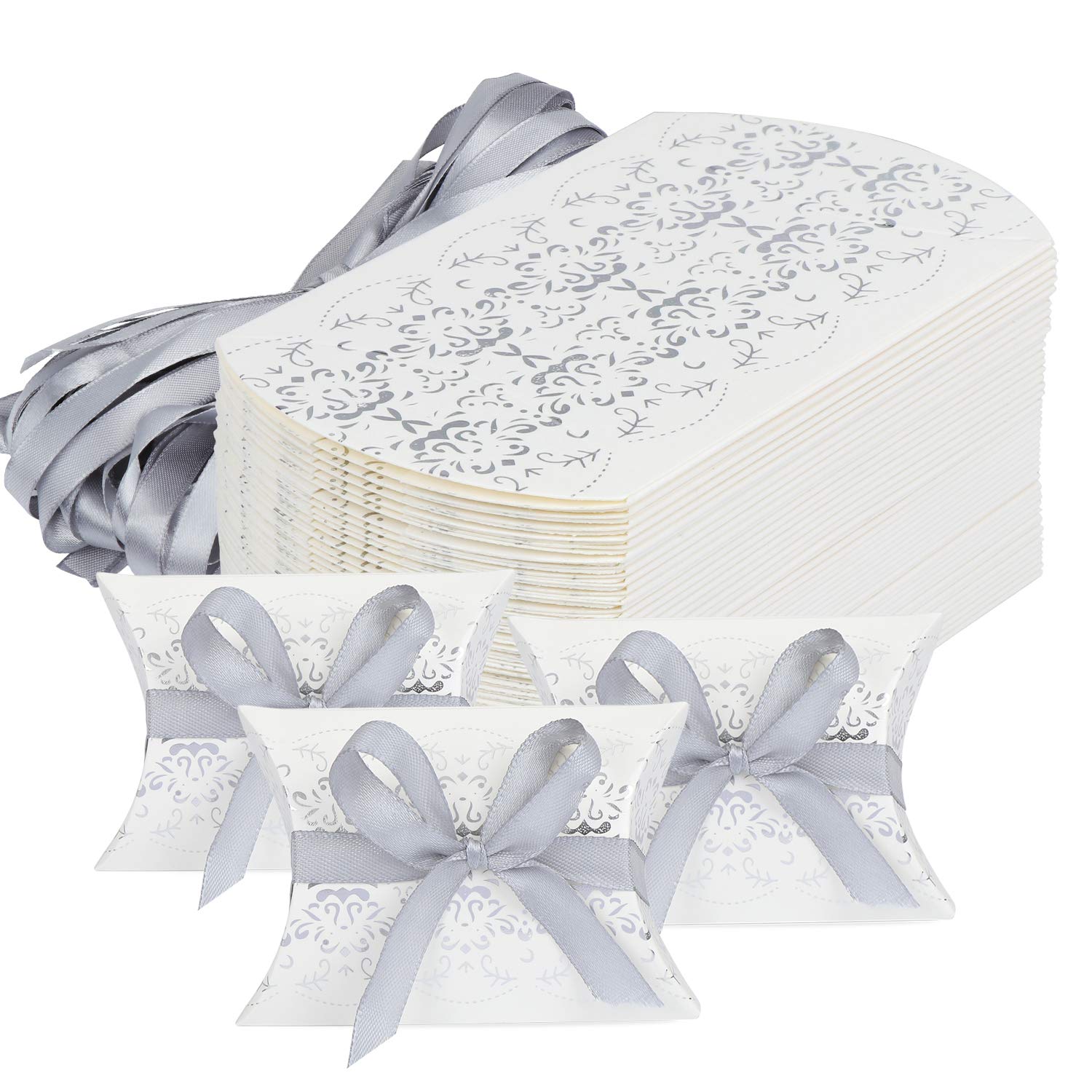 HSEAMALL Pillow Shape Wedding Favour Boxes, Party Gift Box Sweets Candy Box 50-Pack (Silver Print)